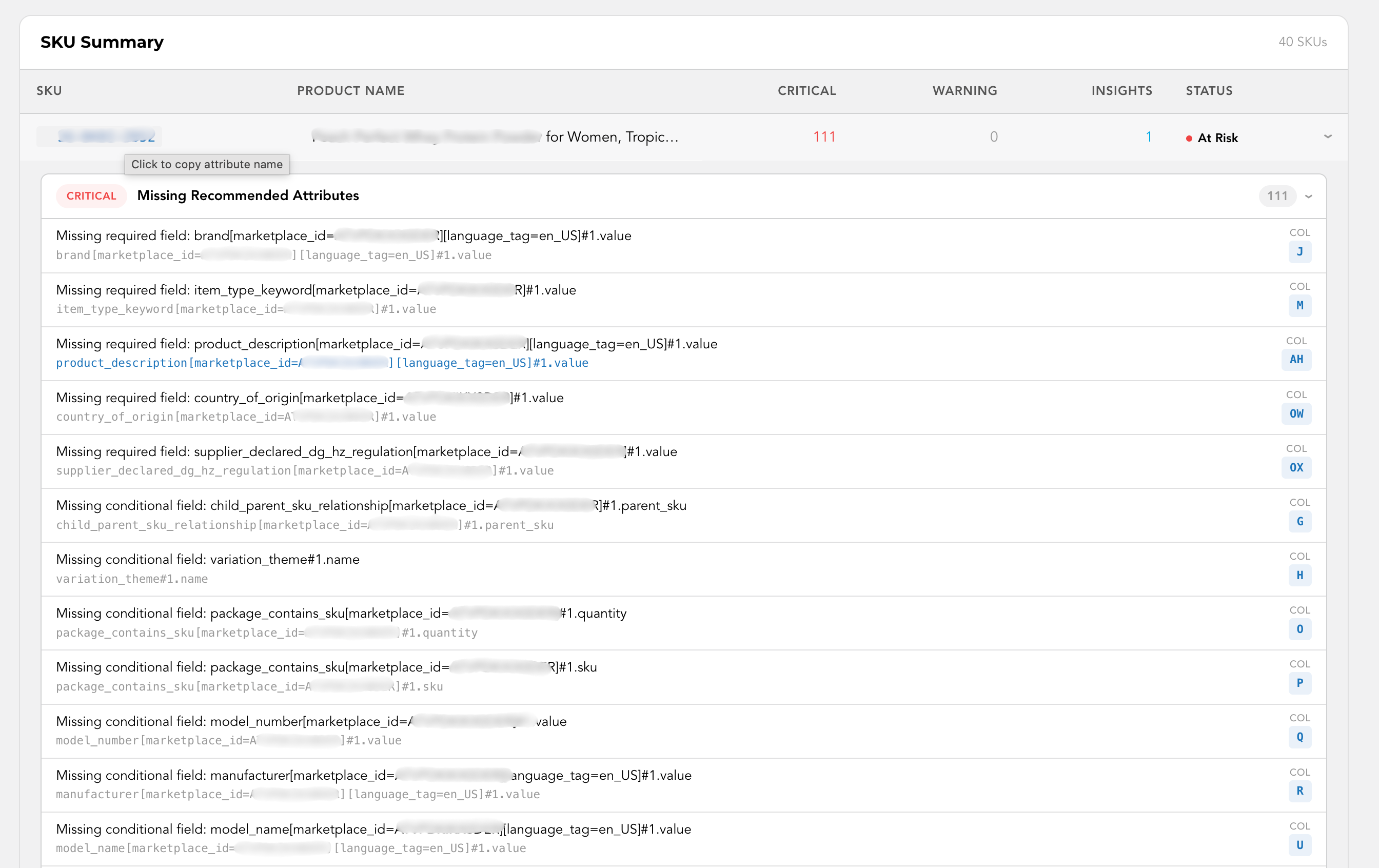 Detailed SKU issues with column references and fix guidance